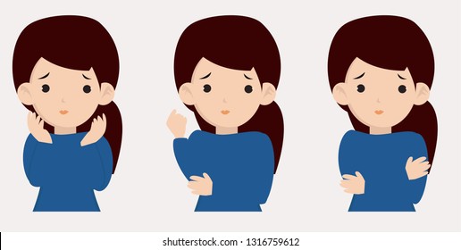 Cute girl with different emotions. Illustration in flat style isolated on white background