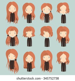 Cute girl with different hairstyles. Red hair.Vector illustration