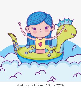 cute girl in the dinosaur float and swimsuit