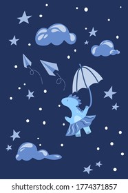 Cute girl dinosaur flying in the clouds with an umbrella to the stars. Bright children's illustration for textiles, postcards and Wallpaper.
