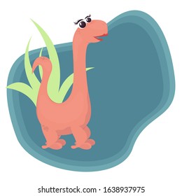 Cute girl dinosaur of pink color with long eyelashes and red lips. Cartoon style. Vector. Children's illustration