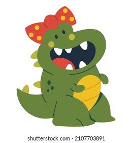 Cute girl dinosaur with red bow vector cartoon character illustration isolated on a white background.