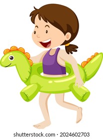 Cute girl with dinosaur swimming ring isolated illustration