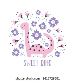 Cute Girl Diplodocus Dinosaur with Flowers Cartoon Illustration. Sweet Dino.