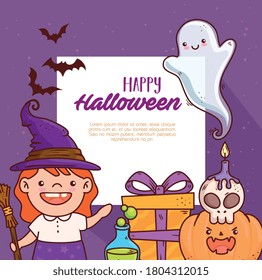 cute girl disguised of witch for happy halloween celebration with icons decoration vector illustration design