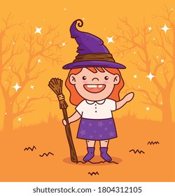 cute girl disguised of witch for happy halloween celebration vector illustration design