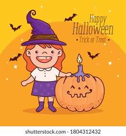 cute girl disguised of witch for happy halloween with pumpkin and candle vector illustration design