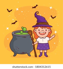 cute girl disguised of witch for happy halloween celebration with cauldron vector illustration design