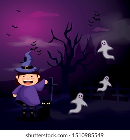 cute girl disguised of witch in scene halloween