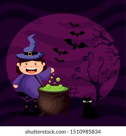 cute girl disguised of witch in scene halloween