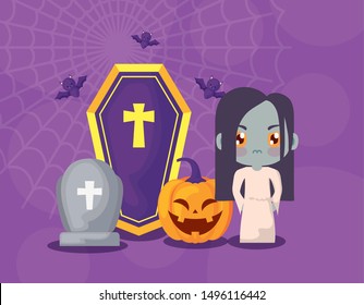 cute girl disguised of zombie with icons halloween