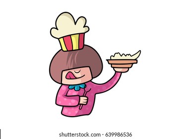 Cute Girl with a dish held in hand and tongue sticking out.. Vector Illustration. Isolated on white background.