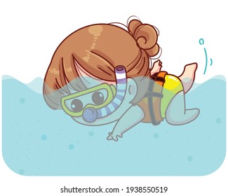 Cute girl dives among corals and fishes in the ocean cartoon illustration