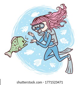 cute girl diving under sea vector illustration