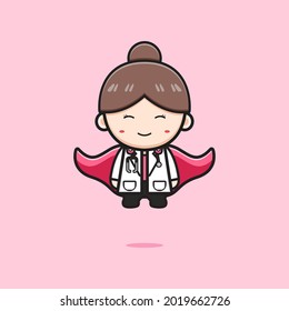 Cute girl doctor super hero cartoon icon illustration. Design isolated flat cartoon style