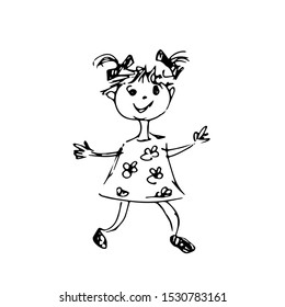 Cute girl does exercises. Line drawing. Sketch. Vector illustration.