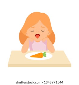 Cute Girl Does Not Want to Eat Carrot, Kid Does Not Like Vegetables Vector Illustration