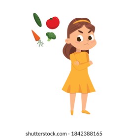 Cute Girl Does Not Want to Eat Vegetables, Kid Refusing to Try Healthy Food Cartoon Style Vector Illustration