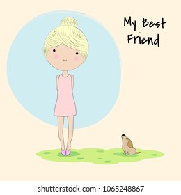 Cute Girl and dog Best friends. For greeting card or other uses. Vector illustration.