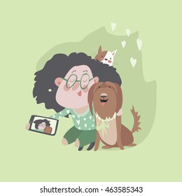 Cute girl with dog and cat makes selfie