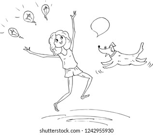 Cute girl and dog. Girl jumping for joy. Solution found. The dog jumps.