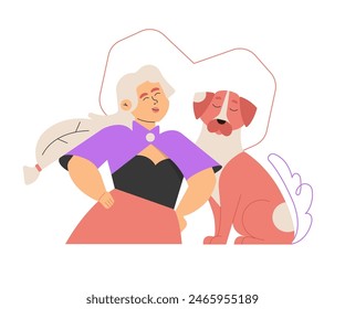 Cute girl and dog. The owner and the fluffy pet together against the background of a heart. Happy characters. Friendship between human and animal. Vector flat illustration.