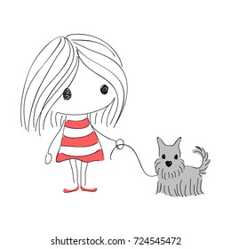 Cute Girl With Dog Sketch Vector Illustration