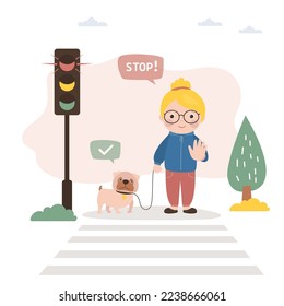 Cute girl with dog is standing on pedestrian crossing. Traffic light is red, warning signal. Road crossing ban. Little child follows the rules of road. Law abiding citizen. Flat vector illustration