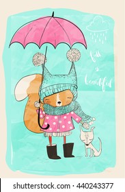 cute girl with dog and umbrella