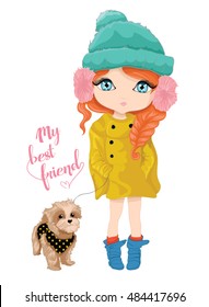 cute girl and dog vector design.My best friend slogan.

