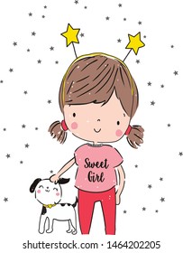 Cute Girl And Dog vector graphic 