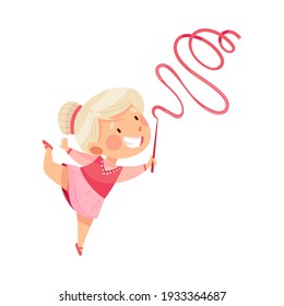 Cute Girl Doing Artistic Gymnastics with Ribbon Vector Illustration