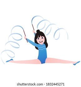 Cute girl doing atletics excersices on twine with ribbon in blue tutu, litttle ballerina training, afterschool activity in cartoon style on white background, gymnasts in gym