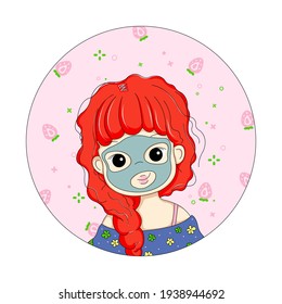 Cute Girl Doing Facial Mask Portrait illustration. Cartoon Redhead Girl and on a Pink Background with Strawberry pattern. Young Woman Doing Cosmetic face Mask. Cute Vector Anime Female Portrait.