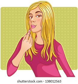 Cute girl doing her make up.Vector image of a cute girl doing her make up with lipstick and posing for camera