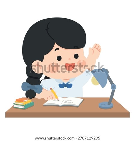 Cute girl doing homework at her desk with books and notes, focused and cheerful mood, clean colorful vector style perfect for education, learning, and kids content.