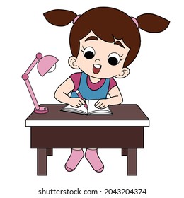 Cute girl doing homework vector illustration isolated on white background.