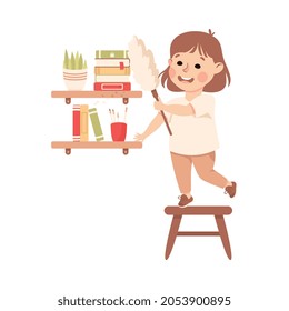 Cute Girl Doing Housework and Housekeeping Dusting Bookshelf Vector Illustration