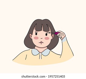 Cute girl doing make up using mascara. Beauty hand drawn vector illustration concept.