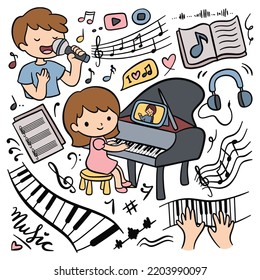 Cute Girl Doing Online Piano Practice in Cartoon Doodle Style