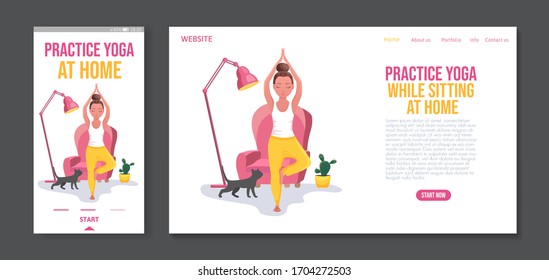 Cute girl doing online yoga at home in her room with cat. Landing page template and mobile app design for yoga studio, meditation. Vector flat cartoon woman character illustration.