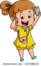 The cute girl is doing the pose and taking the selfie with the phone of illustration