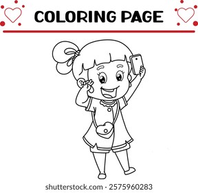 cute girl is doing pose taking selfie coloring page for kids
