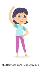 Cute girl doing side bends, morning sport and fitness exercise vector illustration. Cartoon isolated active sporty kid in home clothes standing with hand up, stretching workout to care body health