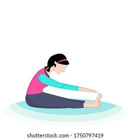 A cute girl is doing simple exercise by sitting ,straight on both legs  sides and leans on to touch her toe, vector illustration design concept for health care and yoga.