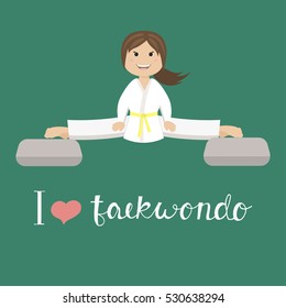 A cute girl doing splits. Flat vector illustration with hand drawn lettering. EPS 10.