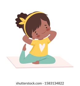 Cute Girl Doing Sport Exercise, Adorable Kid Practicing Yoga, Active Healthy Lifestyle Vector Illustration