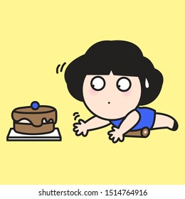 Cute Girl Doing Stretching With A Stretch Round Bolster Pillow On The Mat, Trying To Reach Out For A Piece Of Chocolate Cake On Floor Concept Card Character illustration