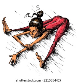 Cute girl doing yoga asana cartoon. Illustration of woman stretching made in hand drawn style. Outlined sketch vector isolated