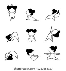 Cute girl doing yoga black and white icons. Set of nine different asanas on white. Hand drawn vector Illustration. Minimalistic kid style.
